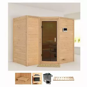 Karibu Sauna »Sanna 2«, BxTxH: 236 x 184 x 209 cm, 40 mm, (Set) 9-kW-Ofen mit externer Steuerung