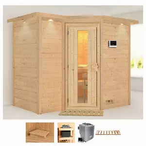 Karibu Sauna »Sanna 2«, BxTxH: 264 x 198 x 212 cm, 40 mm, (Set) 9-kW-Bio-Ofen mit externer Steuerung