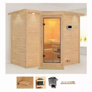Karibu Sauna »Sanna 2«, BxTxH: 264 x 198 x 212 cm, 40 mm, (Set) 9-kW-Ofen mit externer Steuerung
