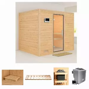 Karibu Sauna »Soraja«, BxTxH: 231 x 196 x 200 cm, 40 mm, (Set) 9-kW-Bio-Ofen mit externer Steuerung