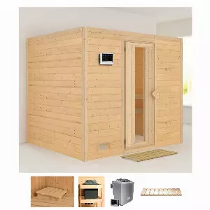 Karibu Sauna »Soraja«, BxTxH: 231 x 196 x 200 cm, 40 mm, (Set) 9-kW-Bio-Ofen mit externer Steuerung