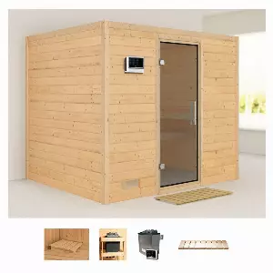Karibu Sauna »Soraja«, BxTxH: 231 x 196 x 200 cm, 40 mm, (Set) 9-kW-Ofen mit externer Steuerung