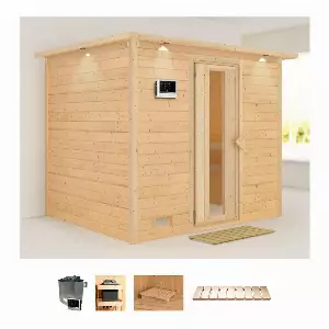 Karibu Sauna »Soraja«, BxTxH: 259 x 210 x 205 cm, 40 mm, (Set) 9-kW-Ofen mit externer Steuerung
