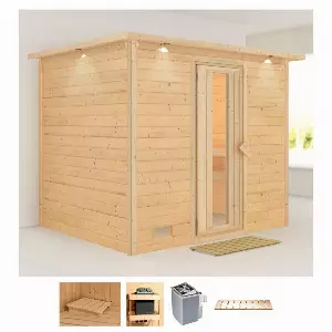 Karibu Sauna »Soraja«, BxTxH: 259 x 210 x 205 cm, 40 mm, (Set) 9-kW-Ofen mit integrierter Steuerung