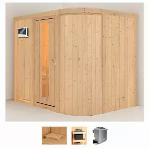 Karibu Sauna »Thyra 4«, BxTxH: 231 x 170 x 198 cm, 68 mm, (Set) 9-kW-Bio-Ofen mit externer Steuerung