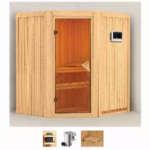 Karibu Sauna »Tomke«, BxTxH: 170 x 151 x 198 cm, 68 mm, (Set) 3,6-kW-Bio-Plug & Play Ofen mit externer Steuerung