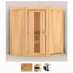 Karibu Sauna »Tomke«, BxTxH: 170 x 151 x 198 cm, 68 mm, (Set) 3,6-kW-Plug & Play Ofen mit externer Steuerung