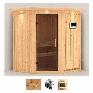 Karibu Sauna »Tomke«, BxTxH: 184 x 165 x 202 cm, 68 mm, (Set) 3,6-kW-Plug & Play Ofen mit externer Steuerung