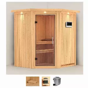 Karibu Sauna »Tomma«, BxTxH: 184 x 165 x 202 cm, 68 mm, (Set) 4,5-kW-Bio-Ofen mit externer Steuerung