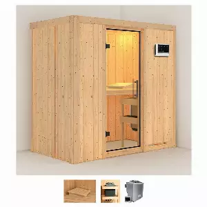 Karibu Sauna »Vada«, BxTxH: 196 x 118 x 198 cm, 68 mm, (Set) 4,5-kW-Bio-Ofen mit externer Steuerung