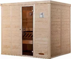 weka Sauna »Kemi E 5«, BxTxH: 245 x 195 x 200 cm, 45 mm, Komplettset, inkl. Ofen und digitaler Steuerung, GT, BioS 7,5 KW