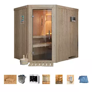 welltime Sauna »Jubi«, (Set), naturbelassen, mit Ofen 9 kW ext. Steuerung