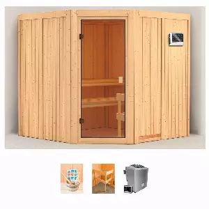 welltime Sauna »Kadira«, (Set), 9-kW-Bio-Ofen mit ext. Steuerung, mit 6-tlg. Zubehörset