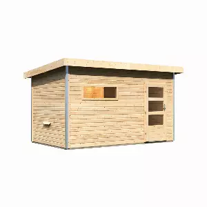 Woodfeeling Massivholzsauna 'Skrollan 3' mit Vorraum natur 396 x 227 x 231 cm, 9 kW
