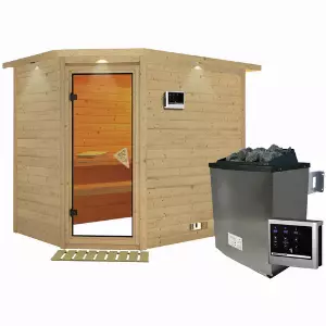 KARIBU Sauna »Kärdla«, inkl. 9 kW Saunaofen mit externer Steuerung, für 4 Personen - beige