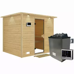 KARIBU Sauna »Paldiski«, inkl. 9 kW Saunaofen mit externer Steuerung, für 4 Personen - beige