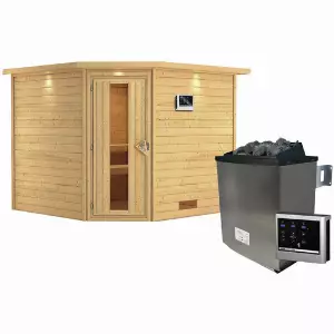 KARIBU Sauna »Leona«, inkl. 9 kW Saunaofen mit externer Steuerung, für 4 Personen - beige