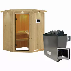 KARIBU Sauna »Tartu«, inkl. 9 kW Saunaofen mit externer Steuerung, für 3 Personen - beige