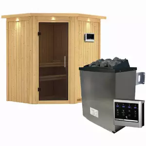 KARIBU Sauna »Narva«, inkl. 9 kW Saunaofen mit externer Steuerung, für 3 Personen - beige
