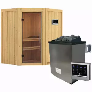 KARIBU Sauna »Narva«, inkl. 9 kW Saunaofen mit externer Steuerung, für 3 Personen - beige