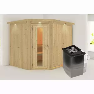 KARIBU Sauna »Haaspsalu«, inkl. 9 kW Saunaofen mit integrierter Steuerung, für 4 Personen - beige
