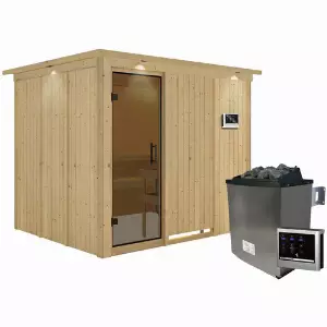 KARIBU Sauna »Jöhvi«, inkl. 9 kW Saunaofen mit externer Steuerung, für 4 Personen - beige