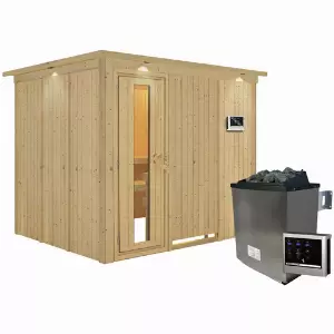 KARIBU Sauna »Jöhvi«, inkl. 9 kW Saunaofen mit externer Steuerung, für 4 Personen - beige