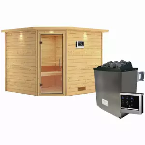 KARIBU Sauna »Leona«, inkl. 9 kW Saunaofen mit externer Steuerung, für 4 Personen - beige