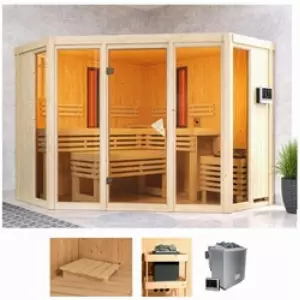 Karibu Sauna Adele, BxTxH: 231 x 231 x 198 cm, 68 mm, (Set) 9-kW-Bio-Ofen mit ext. Steuerung, 2 Infrarot-Vitalight-Strahlern beige