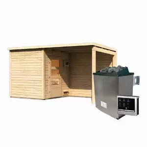 Karibu Saunahaus-Set »Rahlau A«, inkl. 9 kW-Ofen mit externer Steuerung Fichte naturfarben