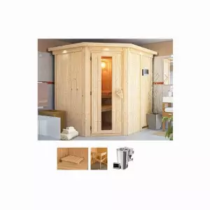 Karibu Sauna Lellin, BxTxH: 210 x 184 x 202 cm, 68 mm, (Set) 3,6-kW-Plug & Play BIO-Ofen mit ext. Steuerung
