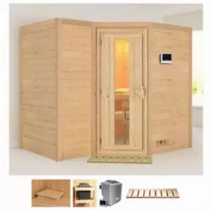 Karibu Sauna Sanna 2, BxTxH: 236 x 184 x 209 cm, 40 mm, (Set) 9-kW-Bio-Ofen mit externer Steuerung beige