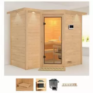 Karibu Sauna Sanna 2, BxTxH: 264 x 198 x 212 cm, 40 mm, (Set) 9-kW-Ofen mit externer Steuerung beige