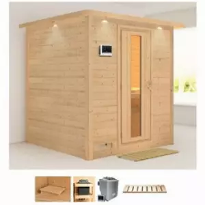 Karibu Sauna Menja, BxTxH: 224 x 210 x 206 cm, 40 mm, (Set) 9-kW-Bio-Ofen mit externer Steuerung beige